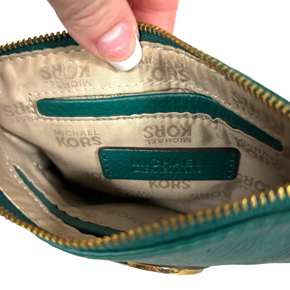 Michael Kors Fulton Leather Wristlet Deep Sea Green Pebbled Leather MK Logo - Picture 8 of 10